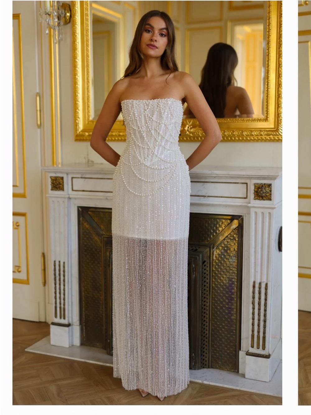 Strapless Beaded Evening Gown in White with Pearl Draping